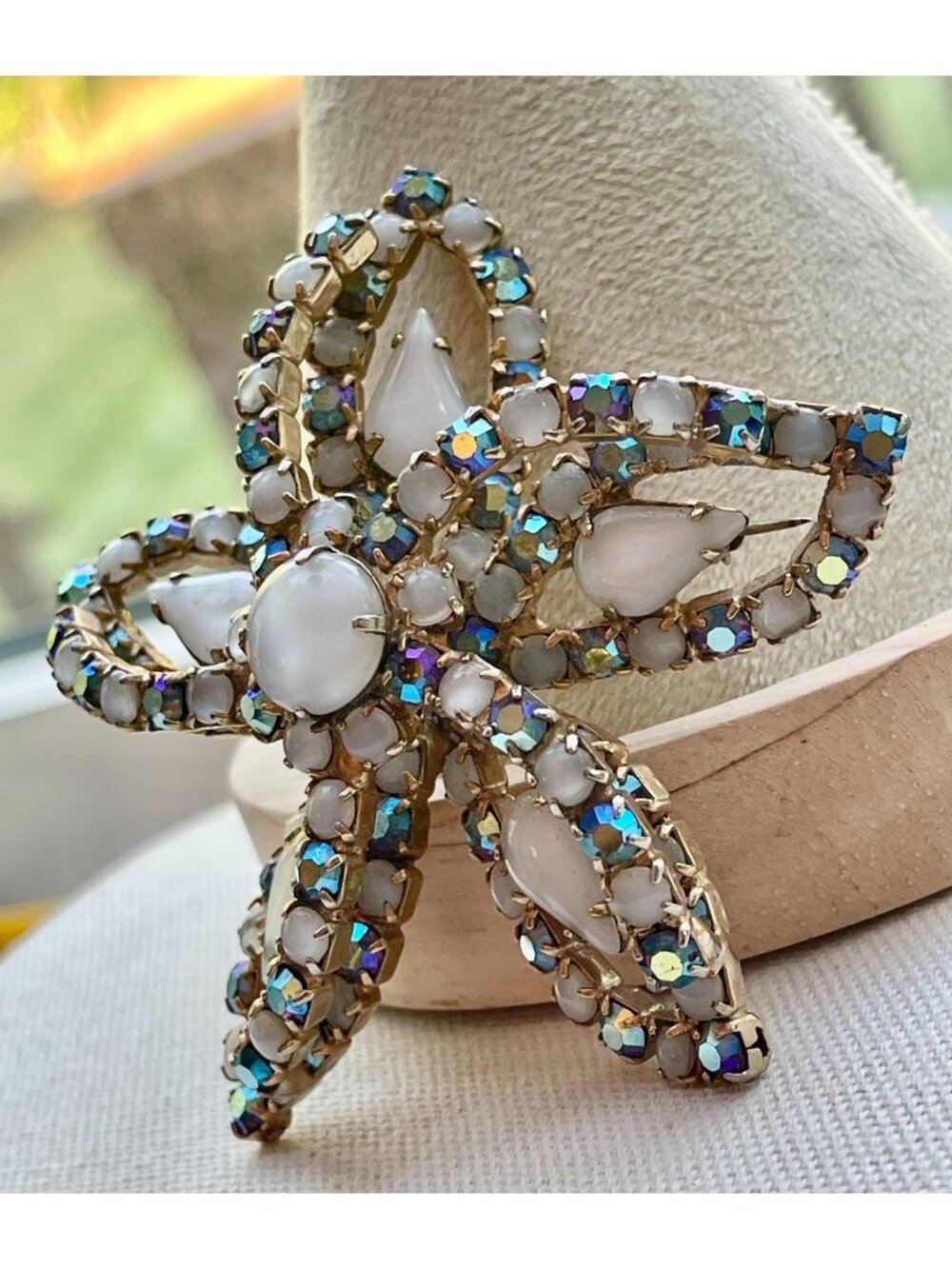 Vintage 1950s Aurora Borealis Rhinestone & Milk Glass Flower 3-D Dimensional Bro